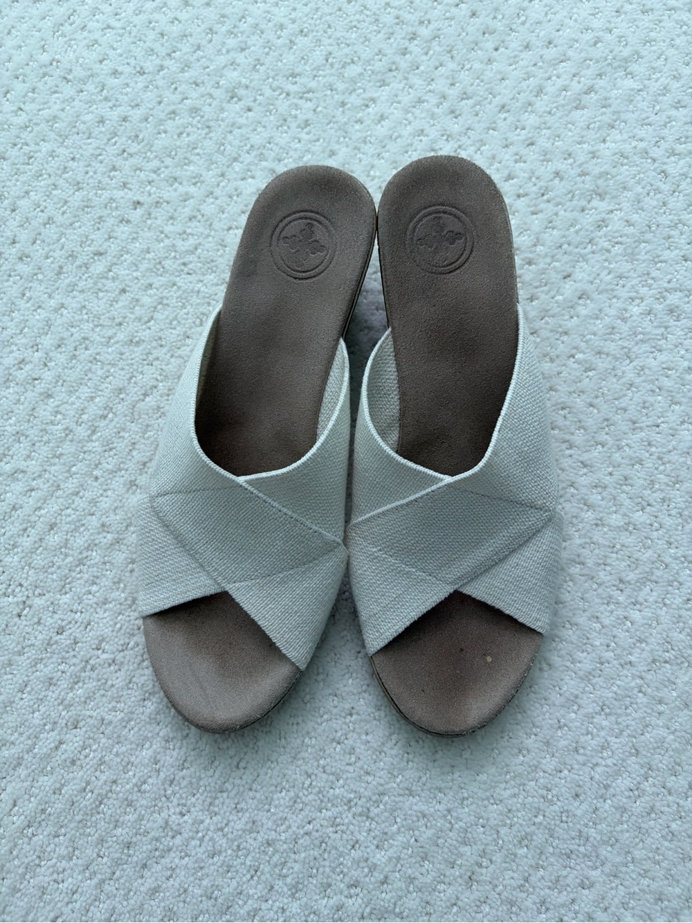 CHARLESTON SHOE CO. Crisscross Slide Mules in Light Gray and Brown
